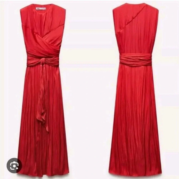 Zara 100% Polyester Maxi Dress Women Size XS Red V-Neck Sleeveless Zip - Picture 2 of 11